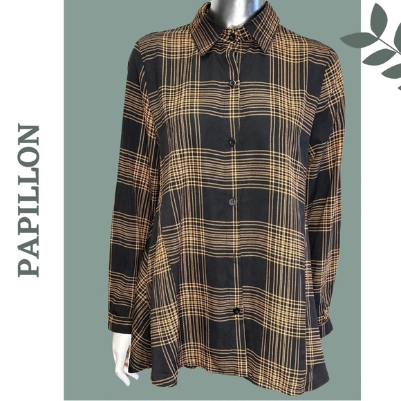 Papillon Plaid Tunic Swing Top Button Front Long Sleeve Black Brown - Picture 1 of 7